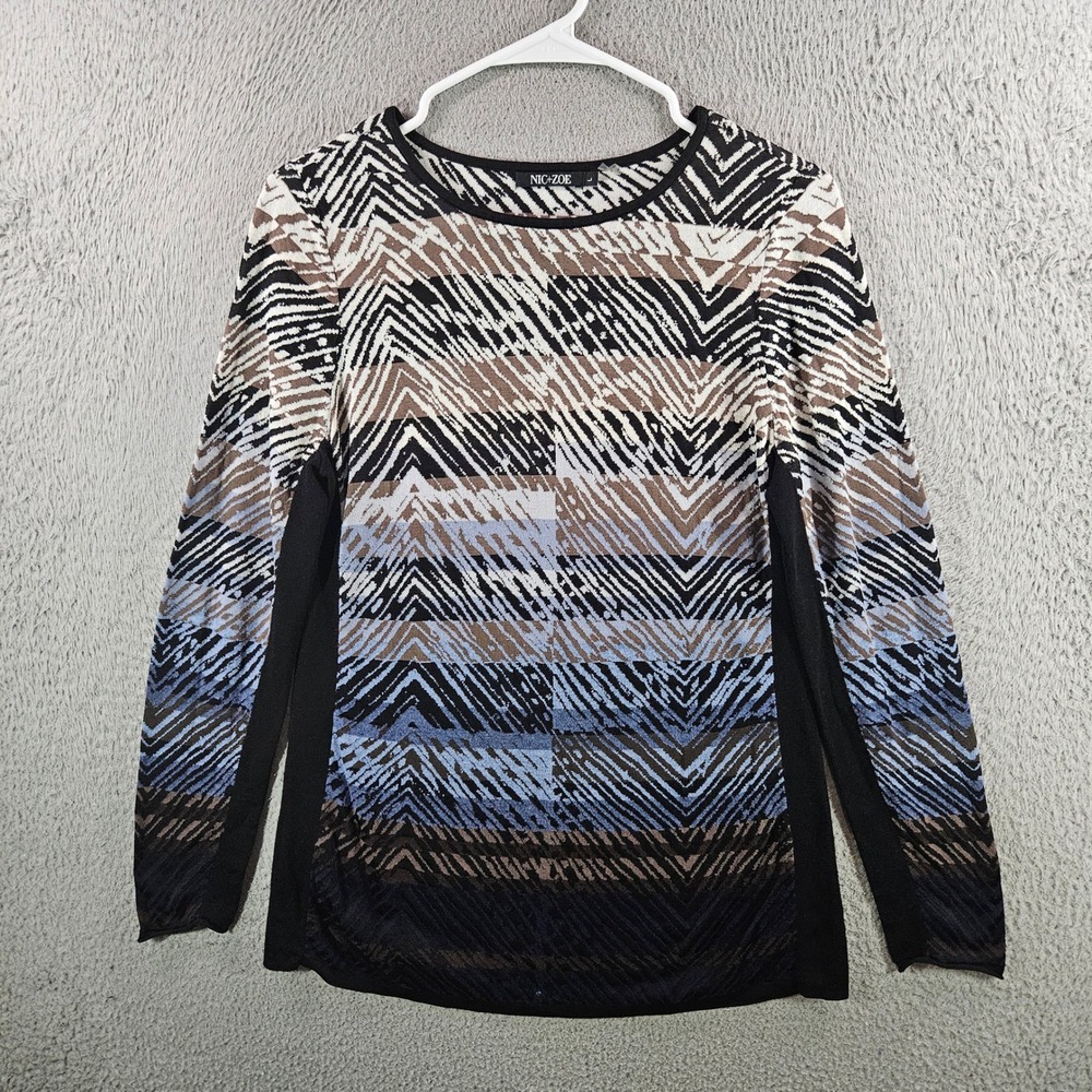 Nic+Zoe Womens Large Multi Color Chevron Stripe Long Sleeve Knit Top Blue Brown
